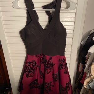 Black and red sleeveless dress with velvet floral.